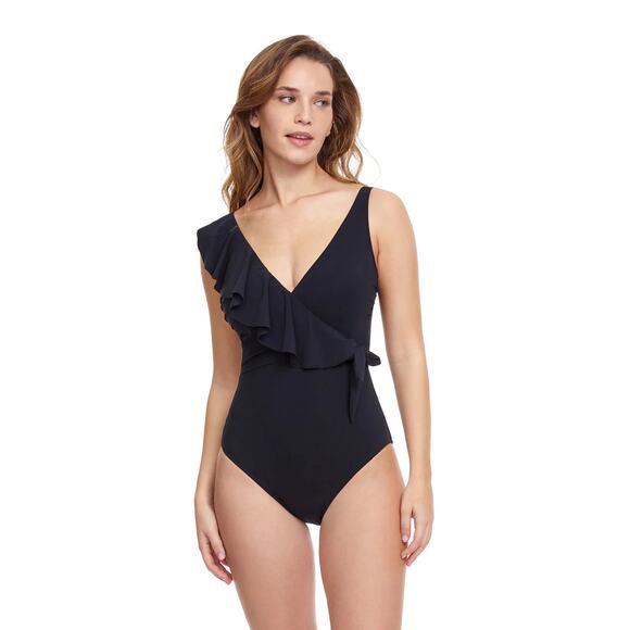 Profile by Gottex Tutti Frutti VNeck Surplice Ruffle Black One Piece Swimsuit 12 - Picture 1 of 7